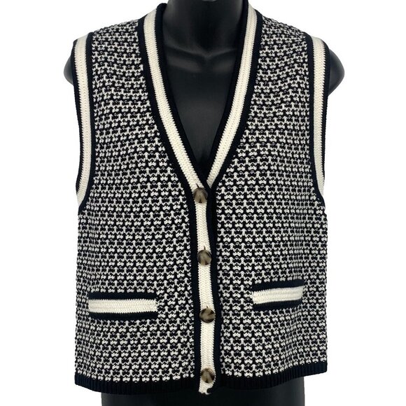 Ann Taylor Womens Knit Sweater Vest Black White Sleeveless Medium V-Neck NWT New - Picture 1 of 10